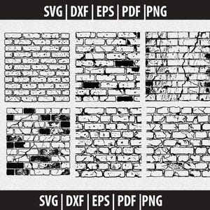 May include: A collection of six distinct black and white digital brick wall patterns featuring various levels of weathering, cracks, and texture. The text SVG | DXF | EPS | PDF | PNG is displayed at the top and bottom of the image layout.