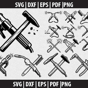 Op de afbeelding: Zwart-wit illustraties van lasgereedschap, waaronder een lastoorts, hamer en tang. De afbeelding bevat ook de tekst "SVG | DXF | EPS | PDF | PNG".