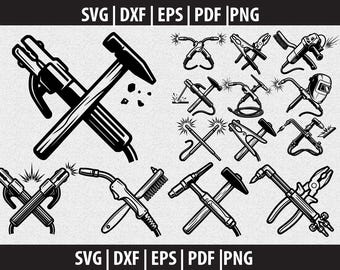Puede incluir: Ilustraciones en blanco y negro de herramientas de soldadura, incluyendo una antorcha de soldadura, un martillo y unos alicates. La imagen también incluye el texto "SVG | DXF | EPS | PDF | PNG".