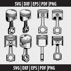 Puede incluir: Ilustración en blanco y negro de ocho pistones de motor diferentes. Los pistones están en varios diseños, con bielas y cabezas de pistón. La imagen incluye el texto "SVG | DXF | EPS | PDF | PNG" en la parte superior e inferior.
