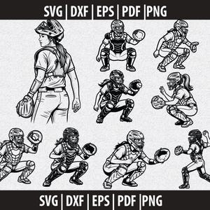 Softboll flicka catcher spelare Svg | Kvinnlig catcher klippfil | Softboll Svg Dxf Png Eps Cricut Silhouette direktnedladdning
