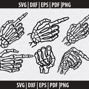 May include: Black and white vector illustrations of six different skeleton hands in various pointing and gesturing positions. The image includes the file types SVG, DXF, EPS, PDF, and PNG.