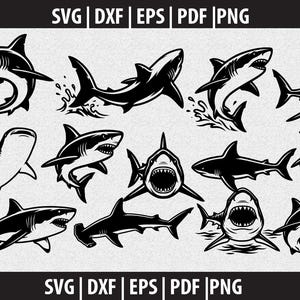 May include: A collection of black and white shark illustrations in various poses. The image includes sharks with open mouths, swimming, and jumping. Text at the top and bottom reads "SVG | DXF | EPS | PDF | PNG".