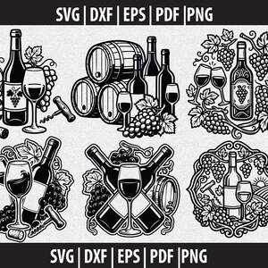 Wine with Wine Elements svg Bundle | Wine Glass Bottle Grape Vector Set | Winery svg DXF PNG EPS | Cricut Silhouette Instant Download