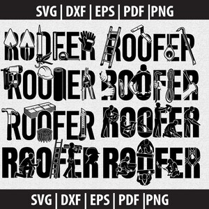 Può includere: Grafica in bianco e nero con la parola "ROOFER" ripetuta e strumenti per tetti. Include cazzuola, pistola per silicone, guanti, scala e altro. L'immagine include anche le opzioni di tipo di file: SVG, DXF, EPS, PDF e PNG.