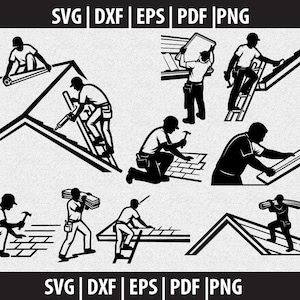 Puede incluir: Gráfico en blanco y negro de techadores en acción, en varias poses. La imagen muestra a los techadores usando herramientas como martillos y escaleras, y transportando materiales. También incluye el texto "SVG | DXF | EPS | PDF | PNG".