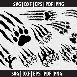May include: Black claw and paw print graphics in various designs. The image includes the text "SVG | DXF | EPS | PDF | PNG" at the top and bottom. These graphics are suitable for digital design projects.