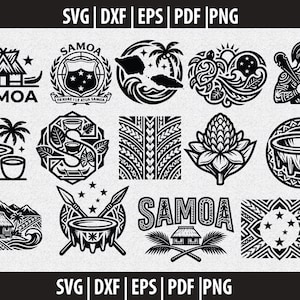 Puede incluir: Una colección de diseños gráficos digitales en blanco y negro con motivos culturales samoanos, que incluyen chozas tradicionales, la bandera nacional, patrones tribales, un guerrero, palmeras y cuencos de kava, con etiquetas de formato SVG, DXF, EPS, PDF y PNG.