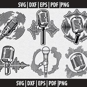 Puede incluir: Una colección de seis ilustraciones gráficas en blanco y negro que presentan micrófonos vintage y modernos junto a patrones de ondas sonoras. El texto SVG | DXF | EPS | PDF | PNG aparece en la parte superior e inferior del diseño.