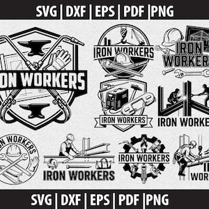 Puede incluir: Una colección de logotipos en blanco y negro con temática de trabajadores del hierro. Los diseños incluyen herramientas como sopletes de soldadura, yunques y cascos, con el texto "IRON WORKERS". Formatos: SVG, DXF, EPS, PDF, PNG.