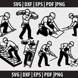 Può includere: Illustrazioni vettoriali in bianco e nero di operai edili in varie pose, tra cui misurazione, trasporto di materiali e utilizzo di strumenti. L'immagine include il testo "SVG | DXF | EPS | PDF | PNG".