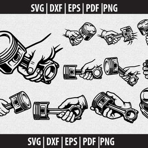 Puede incluir: Ilustraciones en blanco y negro de manos sosteniendo pistones de motor. La imagen incluye múltiples variaciones del diseño del pistón, con el texto "SVG | DXF | EPS | PDF | PNG" en la parte superior e inferior.