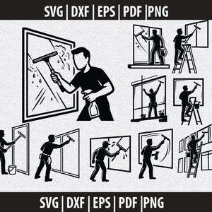 Könnte beinhalten: Schwarz-weiße Vektorgrafiken von Fensterputzern in verschiedenen Posen, die Abzieher und Sprühflaschen verwenden. Das Bild enthält den Text "SVG | DXF | EPS | PDF | PNG".