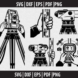 May include: Black and white illustrations of surveying equipment, including a theodolite on a tripod, a leveling rod, a level on a tripod, and a GPS data collector. The image also includes the text "SVG | DXF | EPS | PDF | PNG".