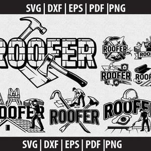Può includere: Design grafico in bianco e nero con la parola "ROOFER" in un font a forma di mattone, accompagnato da illustrazioni di attrezzi e lavoratori edili. Include formati di file SVG, DXF, EPS, PDF e PNG.