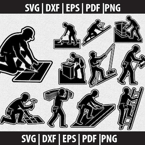 Può includere: Illustrazioni vettoriali in bianco e nero di operai edili al lavoro. L'immagine mostra sagome di operai che usano attrezzi, trasportano materiali e lavorano sui tetti. Il testo "SVG | DXF | EPS | PDF | PNG" è presente nella parte superiore e inferiore dell'immagine.
