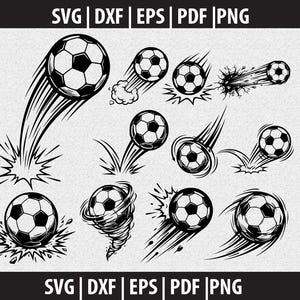 May include: Black and white graphic of soccer balls in motion. The image shows various illustrations of soccer balls with speed lines, explosions, and a tornado effect, suggesting movement and action. The image includes the file type options: SVG, DXF, EPS, PDF, and PNG.