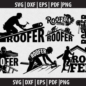 Könnte beinhalten: Schwarz-weiße Vektorgrafiken mit verschiedenen Dachdeckern bei der Arbeit. Das Wort "ROOFER" ist in mehreren Designs prominent dargestellt, mit Silhouetten von Arbeitern, die Werkzeuge wie Hämmer, Leitern und Nagelpistolen verwenden. Die Bilddateitypen SVG, DXF, EPS, PDF und PNG sind ebenfalls angegeben.