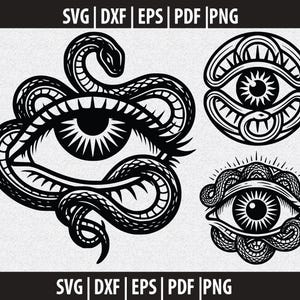 Puede incluir: Un conjunto gráfico digital que presenta tres ilustraciones en blanco y negro de ojos entrelazados con serpientes. Los diseños incluyen un ojo central grande, un motivo de ojo circular y un ojo más pequeño, todos en líneas negras contrastadas.