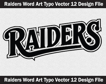 Könnte beinhalten: Schwarz-weißes Vektor-Grafikdesign des Wortes "RAIDERS" in einer fetten, stilisierten Schriftart.