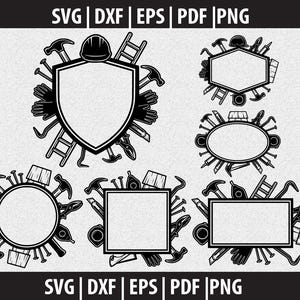 Könnte beinhalten: Schwarz-weiße Vektorgrafiken mit Bau-Themen. Jedes Design hat einen leeren Bereich für Text, umgeben von Werkzeugen wie Hämmern, Handschuhen und Leitern. Formate: SVG, DXF, EPS, PDF und PNG.
