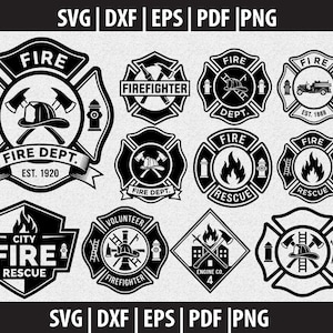 May include: A collection of black and white fire department emblems in various shapes. Designs include axes, helmets, ladders, and the text "Fire Dept." and "Fire Rescue." The image also includes the text "SVG, DXF, EPS, PDF, PNG."