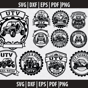 May include: A collection of eleven black and white vector graphic emblems featuring UTV vehicles in various badge styles, including shields and gears. Text includes UTV, UTV Adventure, Explore 4x4, Terrain Proven, Trailblazer, UTV Club, and UTV Excursions.