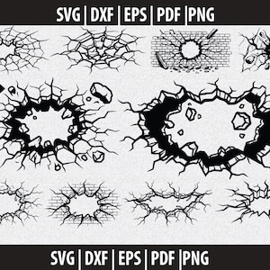 May include: A collection of black and white vector graphics depicting various cracked and broken wall effects. The designs include circular and irregular shapes, some with brick textures, suitable for digital design projects. The top and bottom of the image include the text "SVG | DXF | EPS | PDF | PNG".