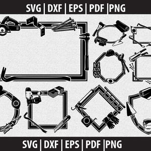 Könnte beinhalten: Schwarz-Weiß-Vektorillustrationen verschiedener Werkzeuge, angeordnet in Rahmen. Enthält eine Säge, einen Hammer, Nägel, Handschuhe und mehr. Der Text "SVG | DXF | EPS | PDF | PNG" ist ebenfalls enthalten.