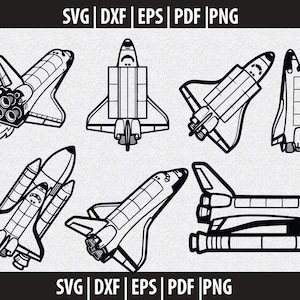 Könnte beinhalten: Schwarz-Weiß-Illustrationen von Raumfähren in verschiedenen Positionen. Der Text "SVG | DXF | EPS | PDF | PNG" ist oben und unten abgebildet. Die Raumfähren sind detailliert dargestellt, mit Flügeln, Triebwerken und Konturen.