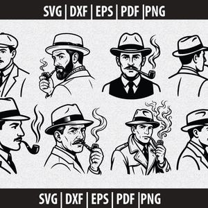 Può includere: Illustrazioni in bianco e nero di uomini che fumano la pipa, indossano cappelli e completi. L'immagine include il testo "SVG | DXF | EPS | PDF | PNG" in alto e in basso.