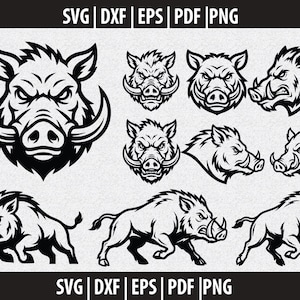 May include: A selection of black and white illustrations of wild boars. The image features different head profiles and full body depictions, ideal for graphic design projects. The file formats are SVG, DXF, EPS, PDF, and PNG.