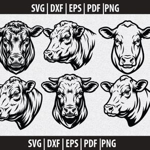 May include: Black and white vector illustrations of six cow heads, each with detailed shading. The images are in various perspectives, including front and side views, suitable for design projects. The top of the image includes the text "SVG | DXF | EPS | PDF | PNG".