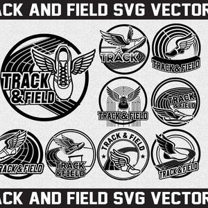 May include: A black and white SVG vector set featuring track and field designs. The designs include winged running shoes, flying wings, and the words "Track & Field" in various circular arrangements. The text "TRACK AND FIELD SVG VECTOR SET" is at the top and bottom.