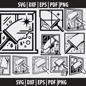 Könnte beinhalten: Schwarz-Weiß-Vektorillustrationen der Fensterreinigung. Die Bilder zeigen Fenster, die mit einem Abzieher gereinigt werden, mit Blasen und Wassertropfen. Der Text "SVG DXF EPS PDF PNG" befindet sich oben und unten im Bild.
