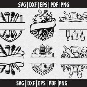 May include: A collection of six black and white digital graphic designs featuring kitchen utensils, coffee presses, mugs, and rolling pins arranged with banners and frames. The text SVG | DXF | EPS | PDF | PNG appears at the top and bottom of the image.