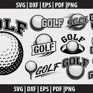 Puede incluir: Una colección de gráficos en blanco y negro con temática de golf. Los diseños incluyen pelotas de golf, la palabra "GOLF" en varias fuentes y una pelota de golf en un tee. La imagen también incluye los formatos de archivo SVG, DXF, EPS, PDF y PNG.