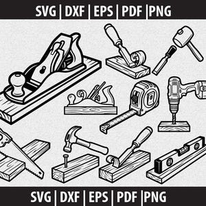May include: Black and white line art of various woodworking tools, including a hand plane, chisels, a saw, a hammer, a drill, a tape measure, and a level. The tools are arranged on wooden blocks. The image also contains the text "SVG | DXF | EPS | PDF | PNG".