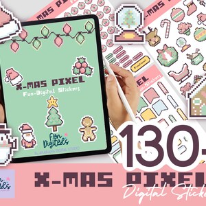 Christmas Pixel Digital Stickers | Illustrated, Labels and Functional Stickers | pre-cropped PNG, Goodnotes and Elements Files | Christmas