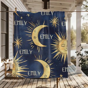 Personalized Celestial Minky Blanket, Golden Sun Moon Stars Throw