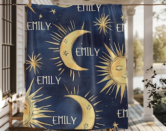 Personalized Celestial Minky Blanket, Golden Sun Moon Stars Throw