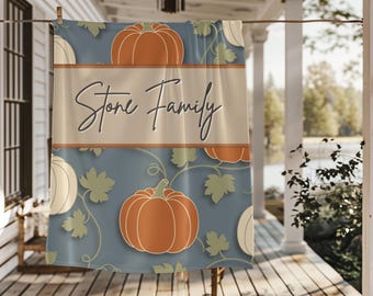 Personalized Fall Pumpkin Blanket with Name, Cozy Autumn Velveteen Throw, Rustic Farmhouse Fall Decor, Custom Fall Pumpkin Lover Gift