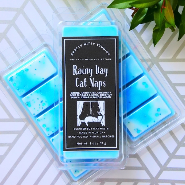 Rainy Day Cat Naps | Ozone, Rainwater, Greenery, Florals, Linens, Coconut Tonka, Cedar & Sandalwood | Soy Wax Melt Snap Bar | Cat’s Meow