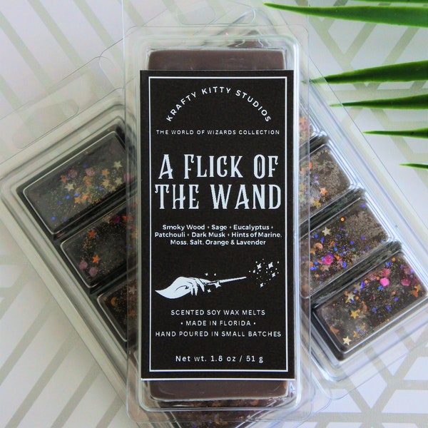 A Flick of the Wand | Smoky Wood, Sage, Eucalyptus, Patchouli, Dark Musk, Moss, Salt, Orange & Lavender | Wax Melt Bar | World of Wizards