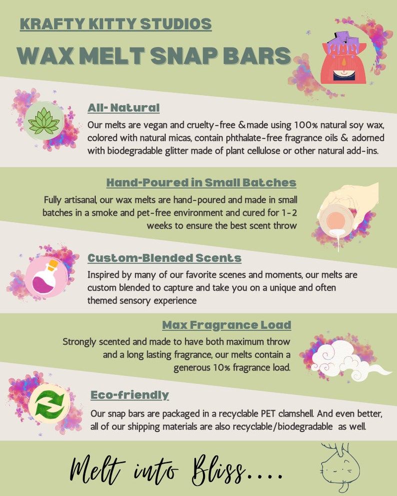 K&ouml;nnte beinhalten: Eine Grafik mit dem Text "Krafty Kitty Studios Wax Melt Snap Bars". Die Grafik zeigt ein gr&uuml;nes Blatt, ein rosa-wei&szlig;es Wachs-Schmelzst&uuml;ck, eine Glasflasche mit rosa Fl&uuml;ssigkeit und ein Recycling-Symbol. Der Text beschreibt die Wachsschmelzen als rein nat&uuml;rlich, handgegossen in kleinen Chargen, mit kundenspezifischen Duftmischungen und mit maximaler Duftintensit&auml;t. Der Text besagt auch, dass die Wachsschmelzen umweltfreundlich sind.