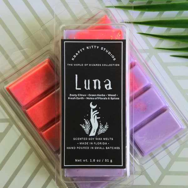Luna | Zesty Citrus + Green Herbs + Musky Wood + Fresh Earth + Notes of Florals & Spices | Wax Melt Snap Bar | World of Wizards Collection