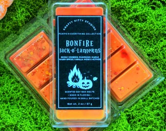Könnte beinhalten: Ein durchsichtiger Kunststoffbehälter mit orangefarbenen Wachsschmelzen und sichtbarem Glitzer. Das schwarze Etikett trägt die Aufschrift Krafty Kitty Studios, Pumpkin Everything Collection, Bonfire Jack-o'-Lanterns, Smoky Embers, Pumpkins, Maple, Warm Spices, Vanilla, Moss & Vetiver, Net wt. 57 g.