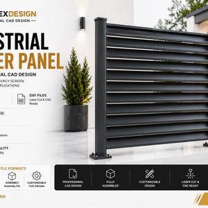 May include: A black industrial louver panel fence featuring horizontal slats and two vertical support posts. The text on the image reads Industrial Louver Panel, Step & DXF Included, and Msapexdesign Industrial Cad Design, along with various icons.