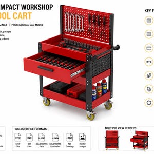 May include: A red and black metal tool cart featuring a perforated back panel for tool storage, a single sliding drawer, and an open bottom shelf. The cart is equipped with four swivel casters and a side handle, designed for workshop organization.