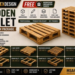 Op de afbeelding: Een digitaal CAD-ontwerppakket voor houten pallets van MSAPEXDESIGN. De afbeelding toont diverse palletconfiguraties, waaronder 2-weg en 4-weg instap, versterkte ontwerpen en framepallets met afmetingen zoals 1200 x 800 mm en 1200 x 1000 mm.